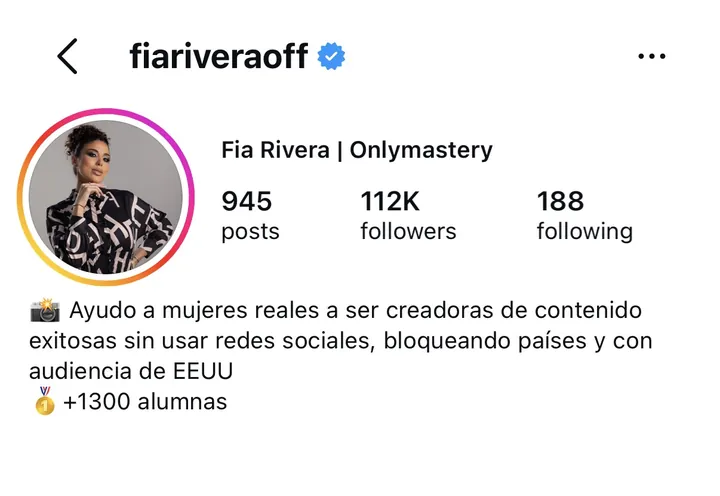Perfil de Instagram de Fia Rivera, 112 mil seguidores