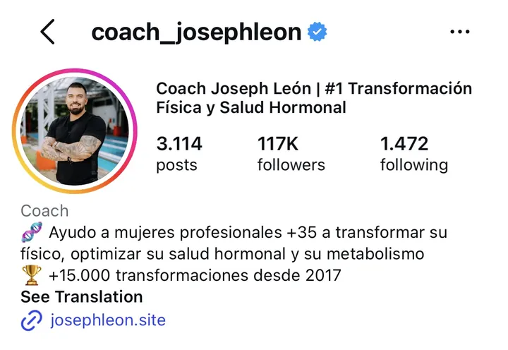 Perfil de Instagram de Coach Joseph León, 117 mil seguidores