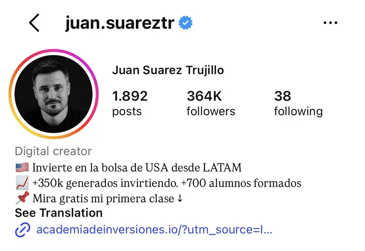 Perfil de Instagram de Juan Suarez Trujillo, 364 mil seguidores