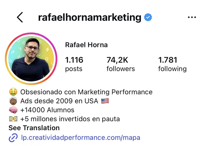 Perfil de Instagram de Rafael Horna, 74 mil seguidores