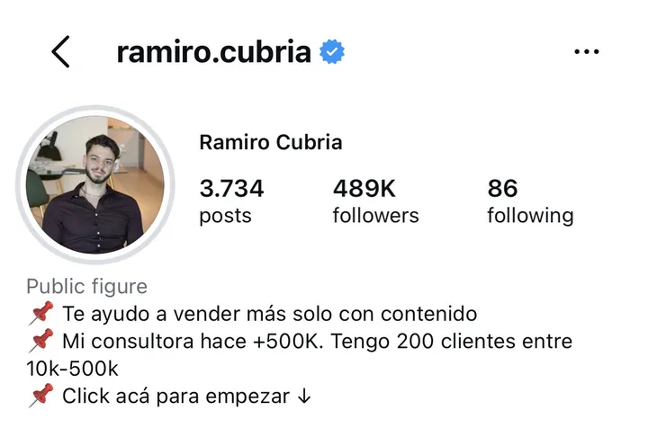 Perfil de Instagram de Ramiro Cubria, 489 mil seguidores